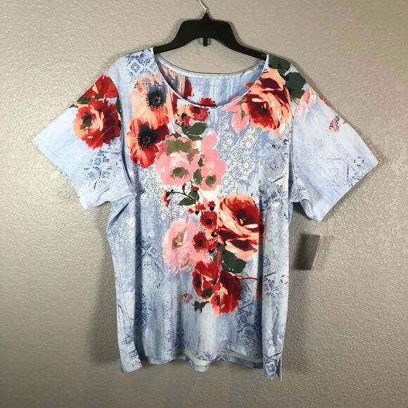 Allison Daley Plus Women's 3X Cotton Blend Blue Floral T-Shirt NEW - Picture 1 of 5